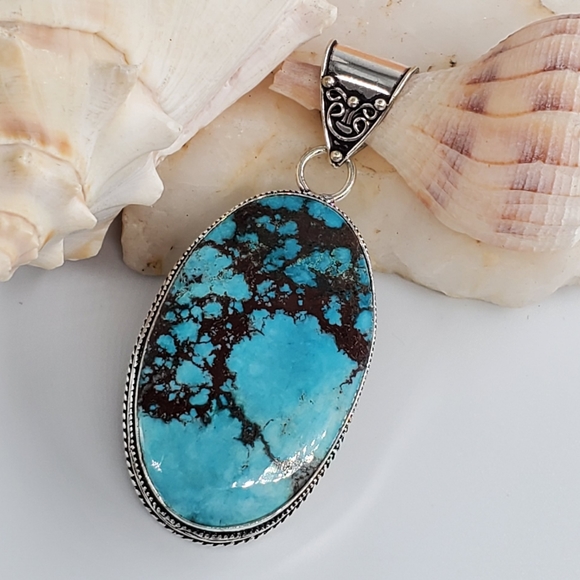 Handcrafted Artisan Jewelry - Large Silver Pendant natural Turquoise Stone